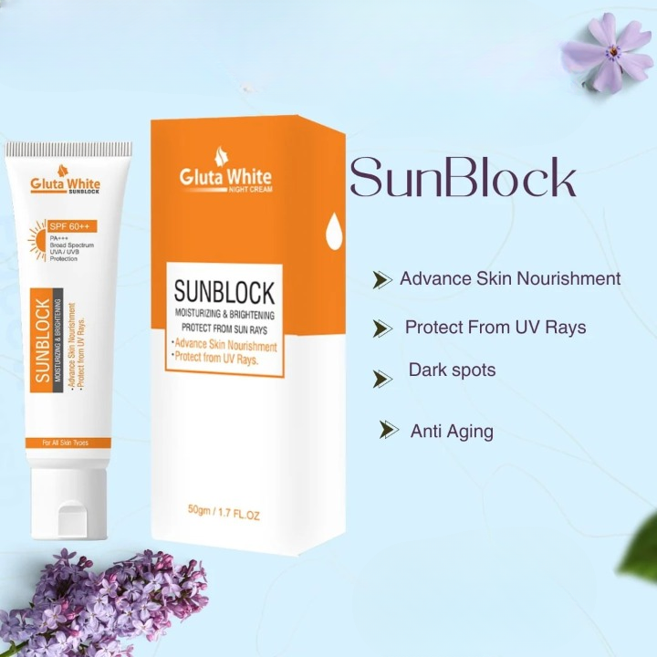 GlutaWhite Skin Brightening Sunblock SPF60 – Advanced UVA/UVB Protection, Oil-Free &amp; Long-Lasting Moisture (60gm) image 1