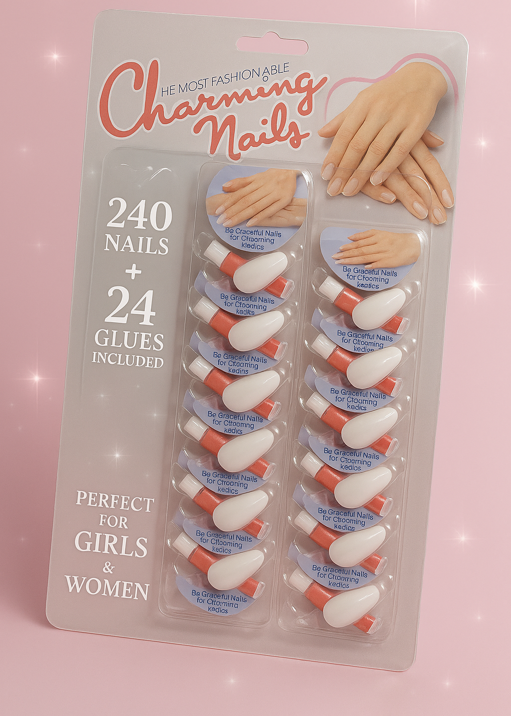 Pack of 24 Charming Artificial Nails with Glue – 240 Nails &amp; 24 Glues Total, Beautiful Nail Extensions for Girls &amp; Women (Random color) image 1