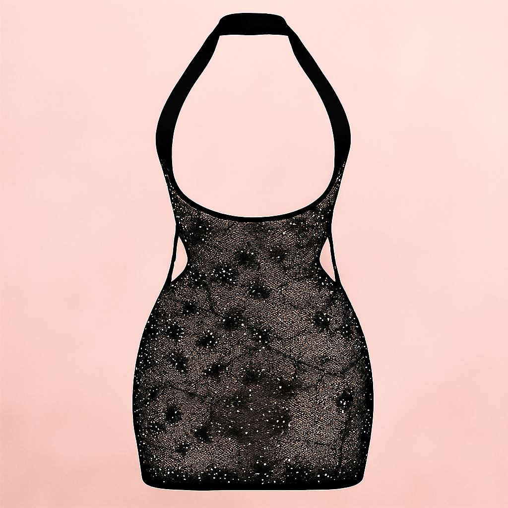 Sheer Glitter Halter Mini Dress – Keyhole Front, Open Back, Body Stocking Style (Black, Free Size) image 2