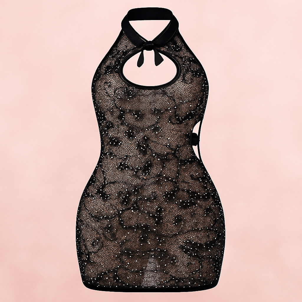 Sheer Glitter Halter Mini Dress – Keyhole Front, Open Back, Body Stocking Style (Black, Free Size) image 1