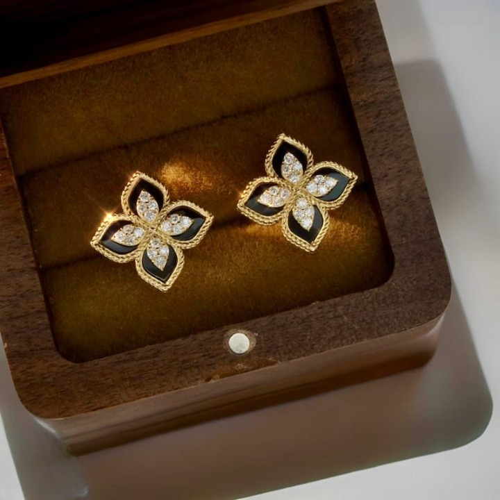 Black and Gold Floral Earrings – Sparkling Four-Leaf Studs with Cubic Zirconia (PJT-991) image 0