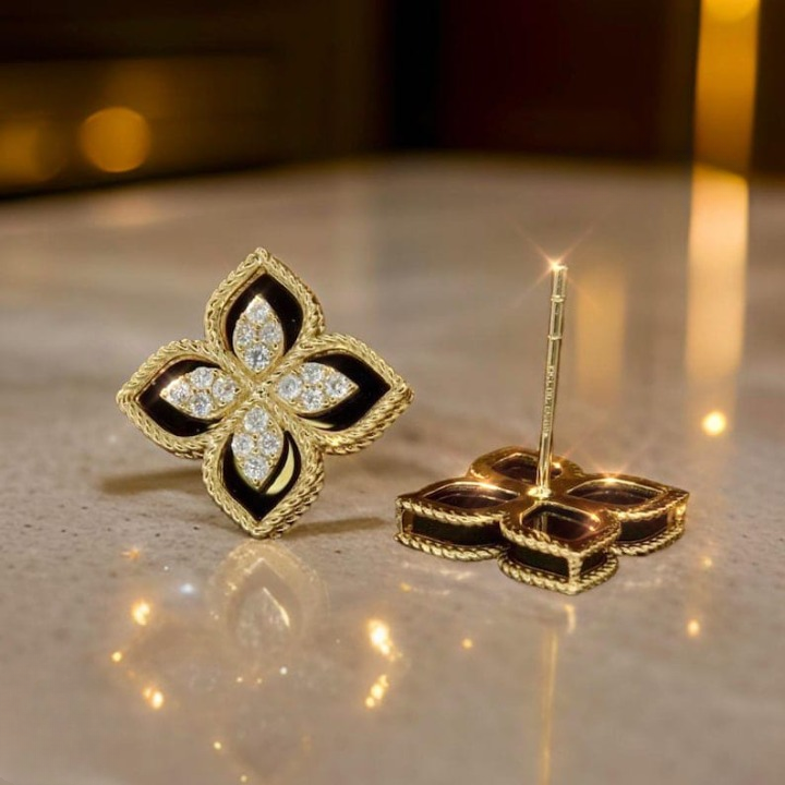 Black and Gold Floral Earrings – Sparkling Four-Leaf Studs with Cubic Zirconia (PJT-991) image 1