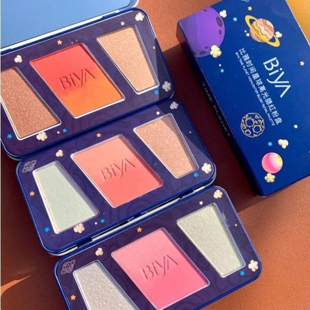 3 in 1 Colors Facial Blush Gradual Powder Blusher Shimmer Highlighter Three-dimensional Brightening Powder Blusher Palette - Biya Korean Highlighter &amp; Blush Palette image 4
