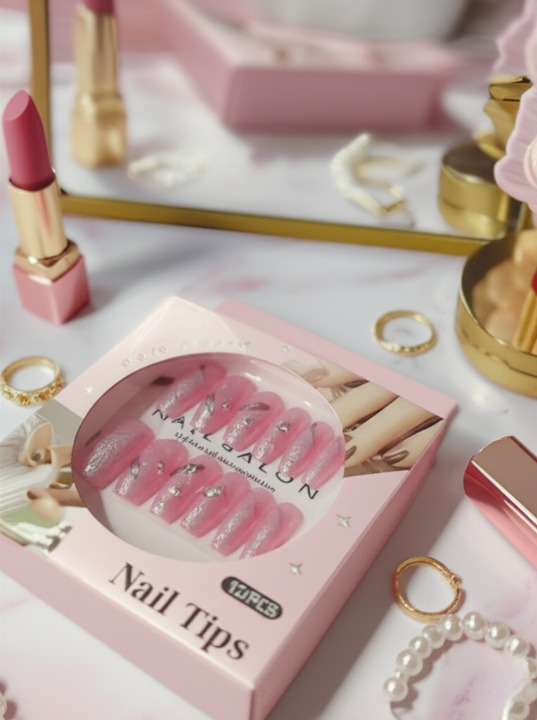 Luxury Pink Nail Tips Set – 12 PCS False Nails with Glitter &amp; Rhinestone Design | Elegant Salon-Style Press-On Nails for Parties, Weddings &amp; Everyday Fashion image 1