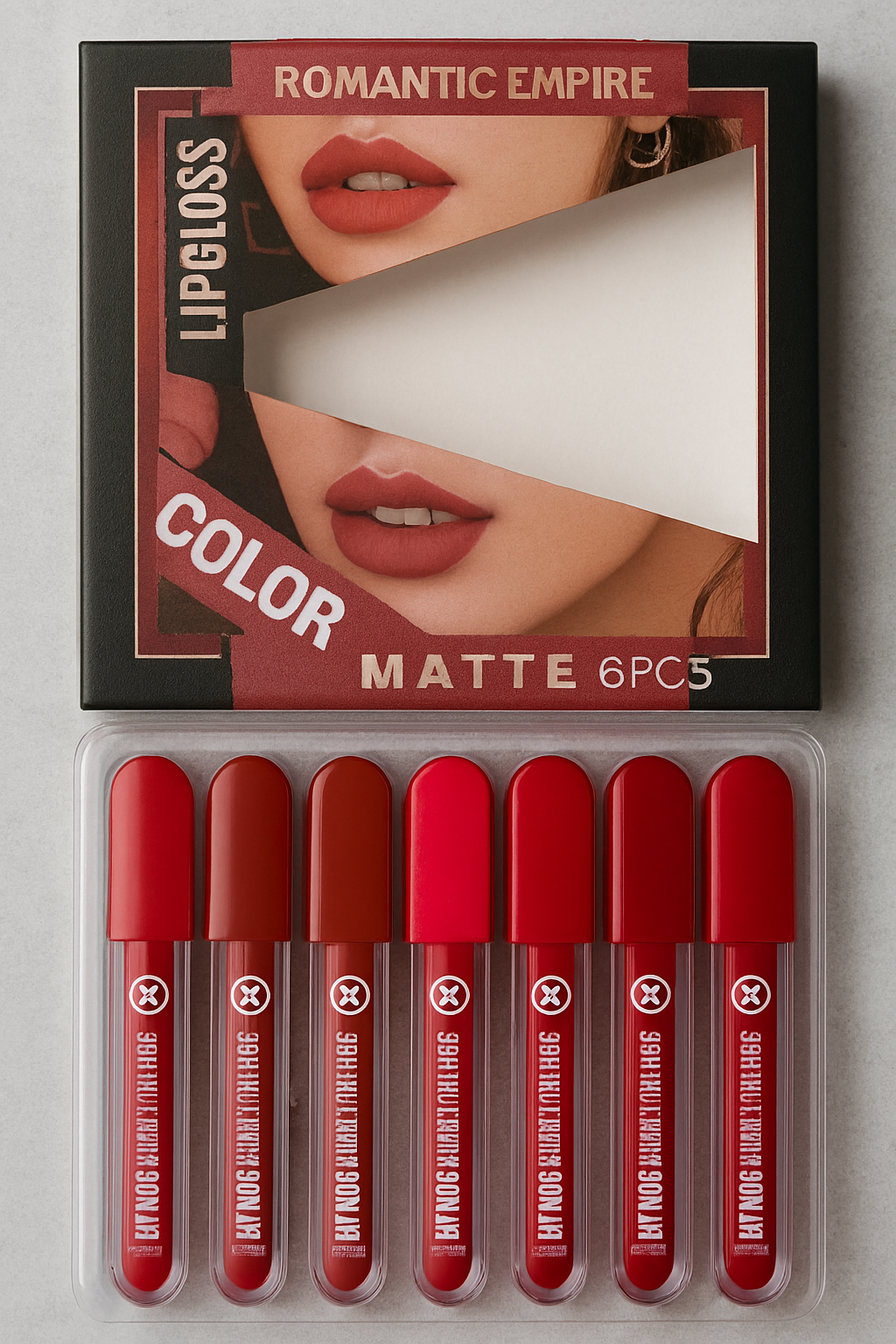 Romantic Empire Matte Lipgloss Set of 6 – High Pigment, Long-Lasting Liquid Lip Gloss | Shades of Red Collection image 1