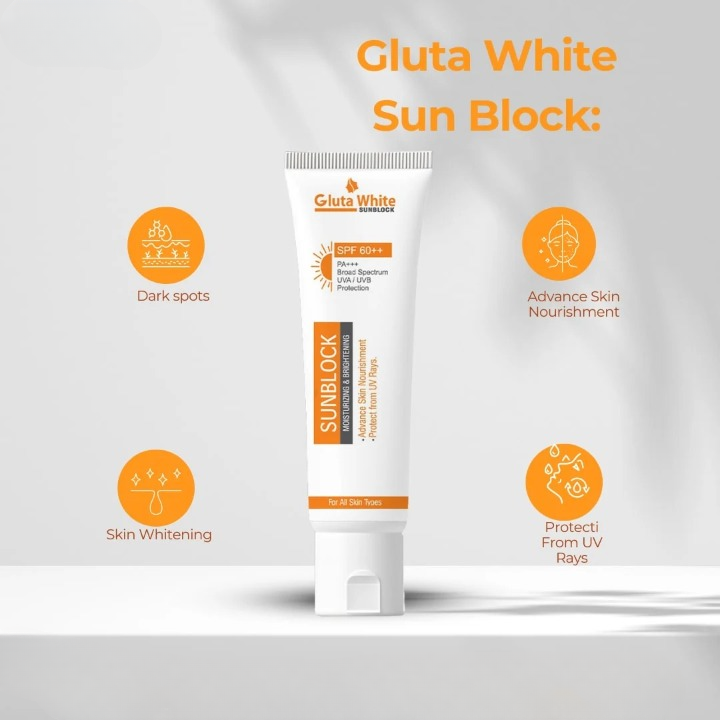 GlutaWhite Sunblock SPF 60+ – Moisturizing &amp; Brightening UV Protection – 65gm for All Skin Types image 2