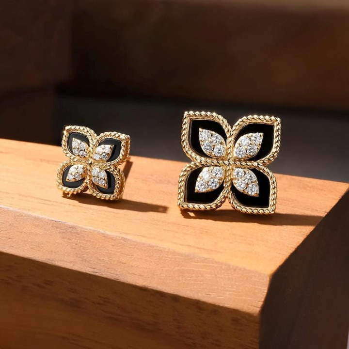 Black and Gold Floral Earrings – Sparkling Four-Leaf Studs with Cubic Zirconia (PJT-991) image 2