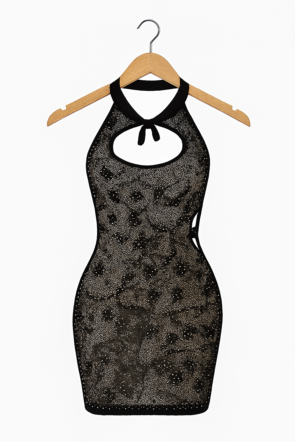 Sheer Glitter Halter Mini Dress – Keyhole Front, Open Back, Body Stocking Style (Black, Free Size) image 0
