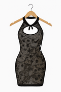 Sheer Glitter Halter Mini Dress – Keyhole Front, Open Back, Body Stocking Style (Black, Free Size) image 0
