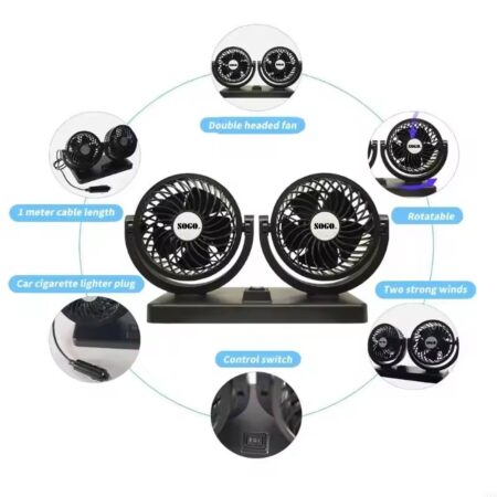 Car Fan Dual Head 4-Inch 12V/24V – 360° Rotating Low Noise Cooling Fan with Cigarette Lighter Plug – 100% Copper Motor – Universal for Cars, SUVs & Trucks With Box