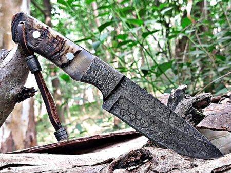 Custom Handmade Damascus Steel Fixed Blade Knife | Leather Sheath | Wooden Handle