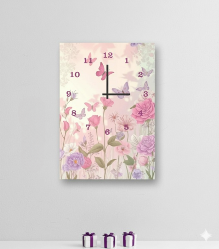 Floral Garden-Inspired Digital Printed Wooden Wall Clock – 12x16" Hanging Decor with Butterflies, Roses & Elegant Hook Mount
