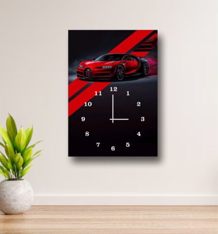 Luxury Sports Car Wall Clock – Bugatti Chiron Design, 12x16” Wooden Frame (Without Battery)