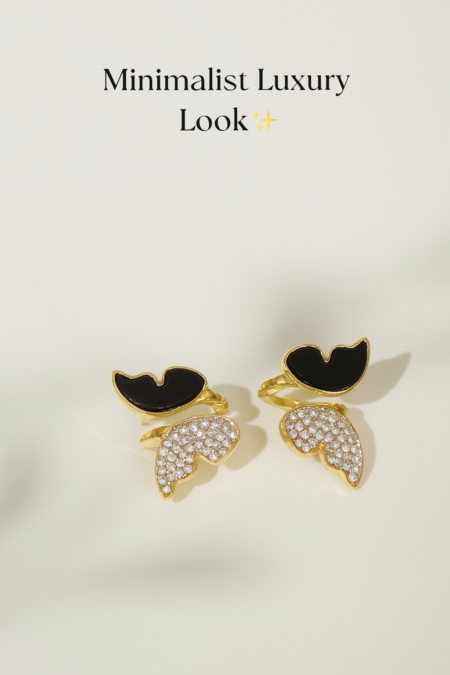 Zircon Butterfly Style Earrings for Women – Elegant Golden & Silver Studs with Black Enamel and Sparkling Stones (AWJ-997)