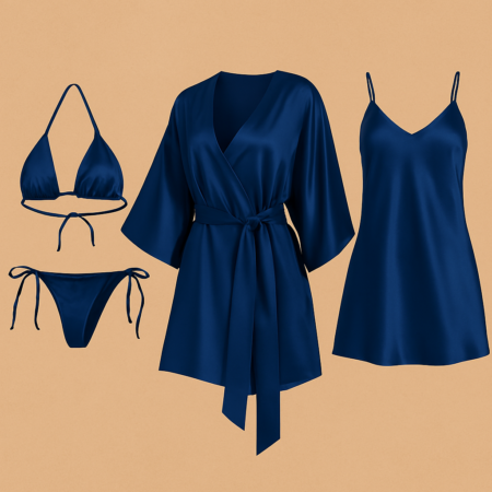 4 PCs-Style Satin Lingerie Set – Bikini, Slip Dress & Robe Combo – Free Size (DC-4001)