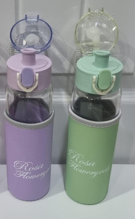 Rosa Flowery Glass Water Bottle with Protective Sleeve & Flip-Top Cap (300ml) | Water Bottle | Glass Water Bottle |