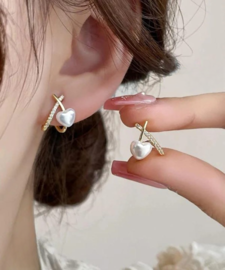 Stylish Minimalist Pearl Heart Earrings – Gold Hoop with Crystal Detailing - Cross Heart Peal Korean Earrings (PJT-993)